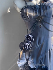 Chic Sheath Spaghetti Straps Floral Blue Long Party Dress Birthday Outfits With Sleeves