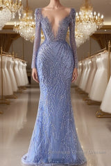 Chic V-Neck Long Sleeves Mermaid Semi Formal Prom Dresses with Beads