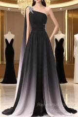 Chiffon A-Line Gradient One Shoulder Evening Dress, Chiffon Semi Formal Prom Dress Party Dress