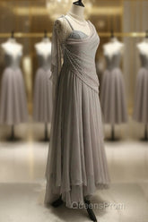 Chiffon Spaghetti Straps Transparent Beads Sweetheart Neck Grey Long Evening Prom Dress