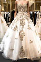 Classic Sweetheart Gold Lace Wedding Dress Sparkly Ball Gown Bridal Dresses