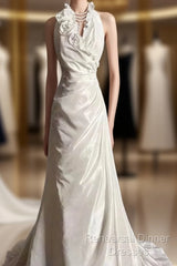 Classy A Line Halter Satin Ivory Long Wedding Dress Bridal Dresses