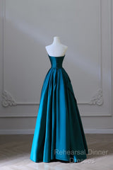 Classy Ball Gown Strapless Satin Ruffles Long Evening Dress Semi Formal Prom Dresses