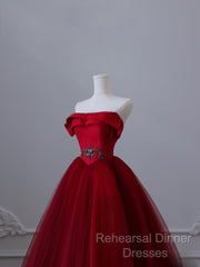 Classy Balll Gown Strapless Red Tulle Long Evening Dress Semi Formal Prom Dresses