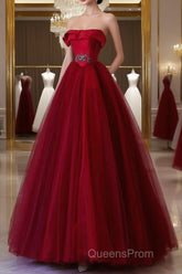 Classy Balll Gown Strapless Red Tulle Long Evening Dress Evening Prom Dress