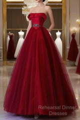 Classy Balll Gown Strapless Red Tulle Long Evening Dress Semi Formal Prom Dresses