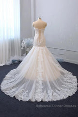 Classy Long Mermaid Sweetheart Backless Appliques Lace Tulle Wedding Dresses