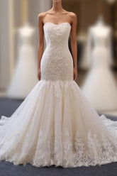 Classy Long Mermaid Sweetheart Backless Appliques Lace Tulle Wedding Dresses