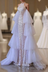 Classy Mermaid High Neckline Sequin Ruffles Long Evening Dress Semi Formal Prom Dresses