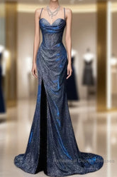 Classy Mermaid Spaghetti Straps Navy Blue Sequin Long Evening Gowns Semi Formal Prom Dress
