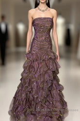 Classy Mermaid Strapless Ruffles Long Evening Dress Semi Formal Prom Dresses