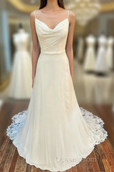 Cowl Neck Cutout Back Lace-Trimmed Long Wedding Dress