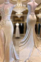 Crystal Halter Side Slit Semi Formal Prom Dresses A-Line Backless Sleeveless Evening Dresses