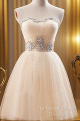 Custom Made A Line Sweetheart Neck Champagne Semi Formal Prom Dresses, Short Champagne Bridesmaid Dresses, Graduation Dress, Homecoming Dress