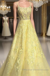 Custom Made Backless Yellow Lace Floral Long Semi Formal Prom Dresses, Yellow Lace Formal Graduation Evening Dresses