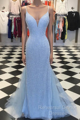 Custom Made Blue V Neck Mermaid Semi Formal Prom Dresses, Mermaid Formal Dresses, Blue Evening Dresses