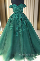 Custom Made Off Shoulder Emerald Green Lace Semi Formal Prom Dresses, Green Formal Dresses, Lace Semi Formal Prom Gown