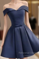 Custom Navy Blue Short Off Shoulder Sweetheart Party Dress, Navy Blue Party Dress