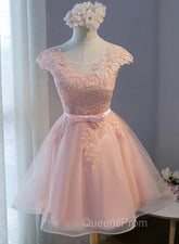 Custom Pink Lovely Cap Sleeves Knee Length Evening Dress, Pink Tulle Evening Prom Dress