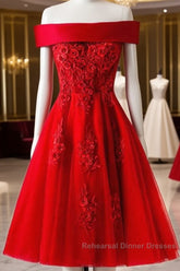 Cute A Line Off Shoulder Short Red Lace Semi Formal Prom Dresses, Short Red Bridesmaid Dresses, Graduation Dresses