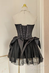 Cute A Line Strapless Black Travel Vacation Dresses Short Satin Birthday Dress