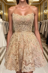 Cute Backless Short Golden Lace Evening Prom Dress, Golden Lace Homecoming Dress, Short Golden Formal Evening Dress