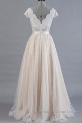 Cute Cap Sleeve V-neck Lace Tulle Wedding Dresses