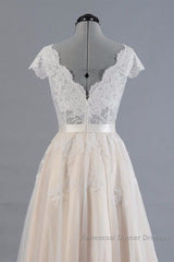 Cute Cap Sleeve V-neck Lace Tulle Wedding Dresses