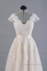 Cute Cap Sleeve V-neck Lace Tulle Wedding Dresses