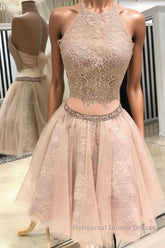 Cute champagne tulle lace short Semi Formal Prom Dresses, homecoming Dresses