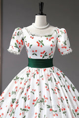 Cute Cherry Pattern Long Princess Semi Formal Prom Dress, White A-Line Evening Party Dress