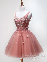 Cute Dark Pearl Pink Knee Length V-Neckline Flower Homecoming Dress, New Party Dresses