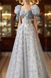 Cute Floral Printed Long Semi Formal Prom Dress A Line Puff Sleeves Blue Party Gown