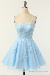 Cute Glitter Blue Homecoming Dresses A Line Sequins Short Prom Dresses with Appliques