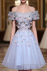 Cute Gray Blue Tulle Short Semi Formal Prom Dress, Off The Shoulder Homecoming Dress