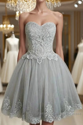 Cute Gray Tulle Lace Short Semi Formal Prom Dress, Gray Homecoming Dress