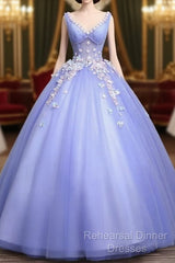 Cute Lavender Tulle Ball Gown V-Neckline Sweet 16 Dresses, Light Purple Formal Dresses