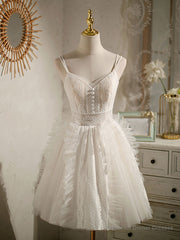 Cute Light Champagne Lace Tulle Short Prom Dress, Puffy Homecoming Dress