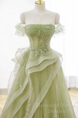 Cute Light Green A-Line Beaded Tulle Party Dress, Light Green Long Semi Formal Prom Dress