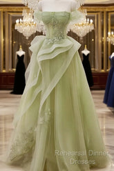 Cute Light Green A-Line Beaded Tulle Party Dress, Light Green Long Semi Formal Prom Dress
