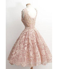 Cute Light Pink Lace Short Evening Prom Dress, Lace Bridesmaid Dress