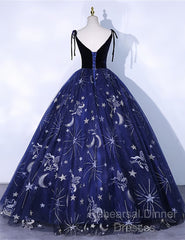 Cute Navy Blue Ball Gown V-Neckline Party Dress, Navy Blue Sweet 16 Dress