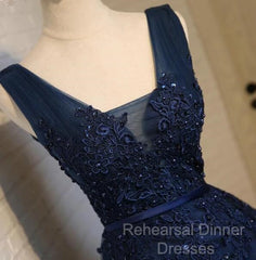 Cute Navy Blue Knee Length Lace Applique Party Dress, Homecoming Dress