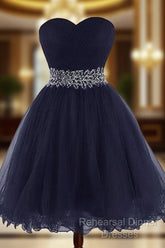 Cute Navy Blue Sweetheart Beaded Homecoming Dress, Short Semi Formal Prom Dress