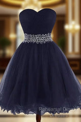Cute Navy Blue Sweetheart Beaded Homecoming Dress, Short Semi Formal Prom Dress