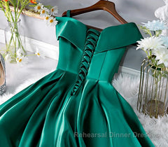 Cute Off Shoulder Green Satin Short Semi Formal Prom Dresses, Off the Shoulder Green Homecoming Dresses, Green Formal Evening Dresses