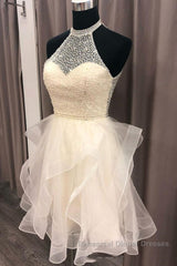 Cute Open Back Champagne Beaded Short Semi Formal Prom Dresses, Fluffy Champagne Beaded Homecoming Dresses