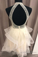 Cute Open Back Champagne Beaded Short Semi Formal Prom Dresses, Fluffy Champagne Beaded Homecoming Dresses