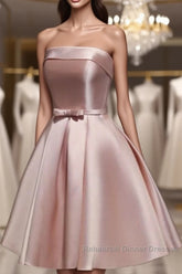 Cute Pink Satin Scoop Knee Length Short Semi Formal Prom Dress Homecoming Dress, Pink Formal Dresses