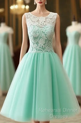 Cute Round Neck Lace Tulle Short Green Semi Formal Prom Dress, Bridesmaid Dress